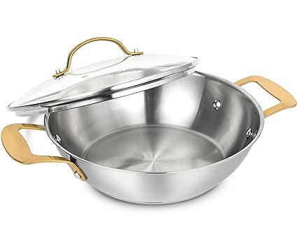 Michelangelo Stainless Steel Kadai, 24cm/ 2.5 litres Steel Kadai with Golden Riveted Handles, Heavy Bottom, Induction Kadai and Gas Ready, Silver
