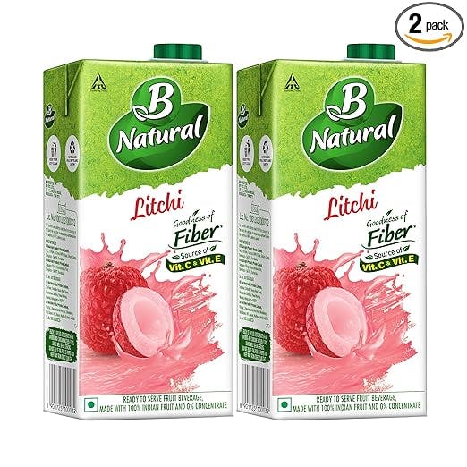 B Natural Litchi Juice 1L, (Pack of 2)